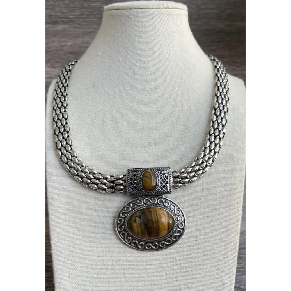 Vintage Tiger's Eye Silver Tone Women’s Necklace Chain 2 Pendants Elegant Sz 22”